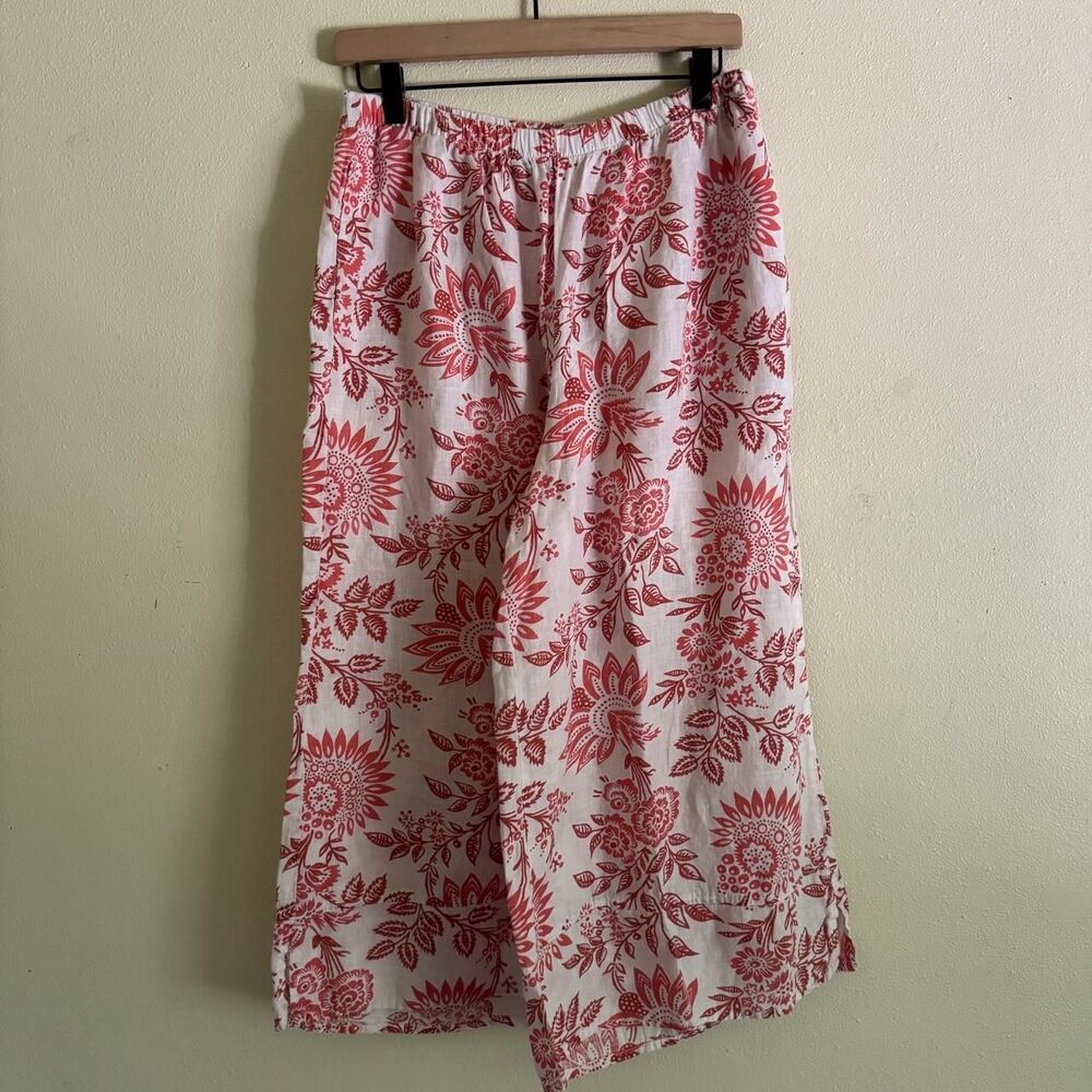 Flax Linen Boho White Red Floral Wide Leg Cropped Culottes Pull On Pants M